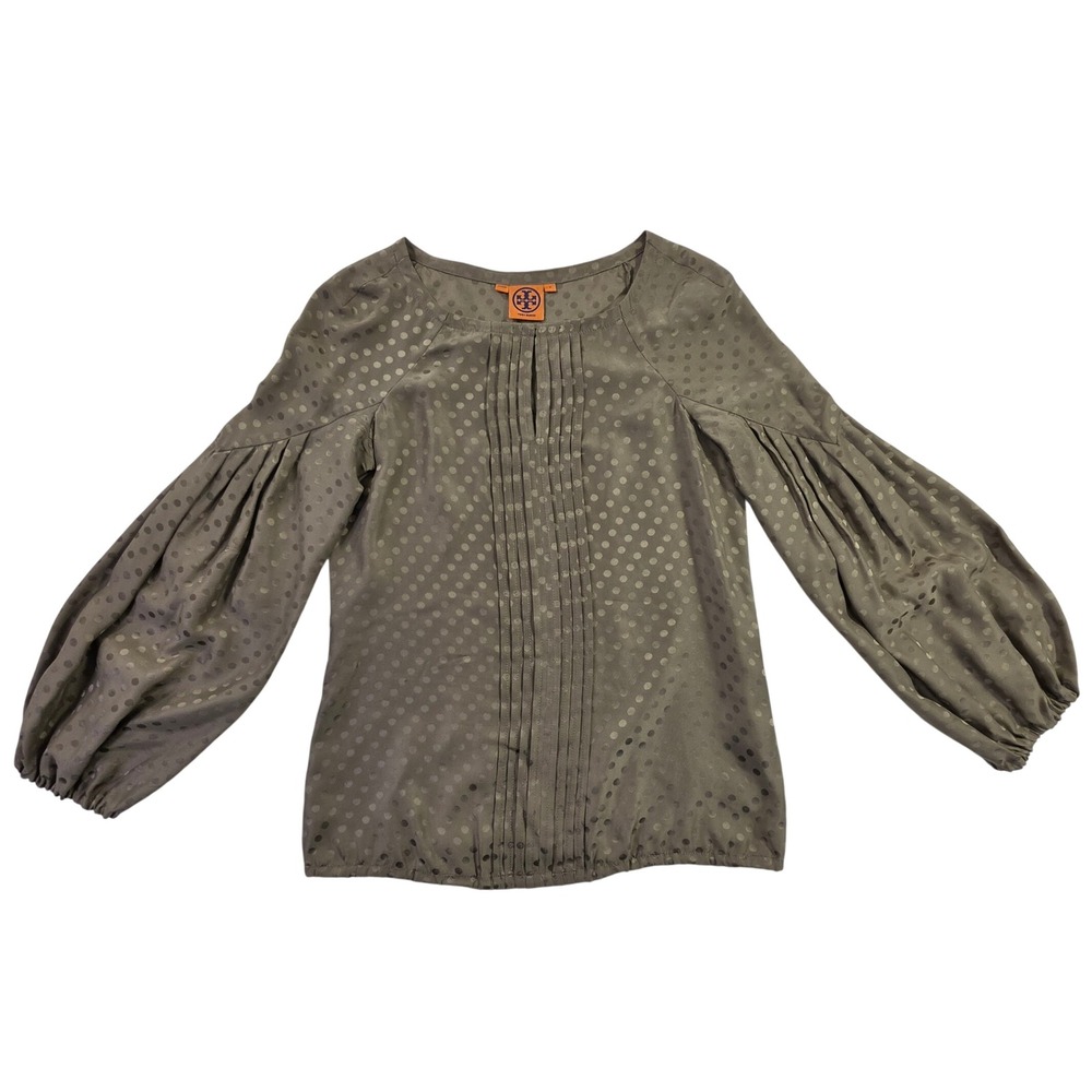 Tory Burch EUC Silk Polka Dot Pleated Puff Sleeve Blouse Olive Green Size 2